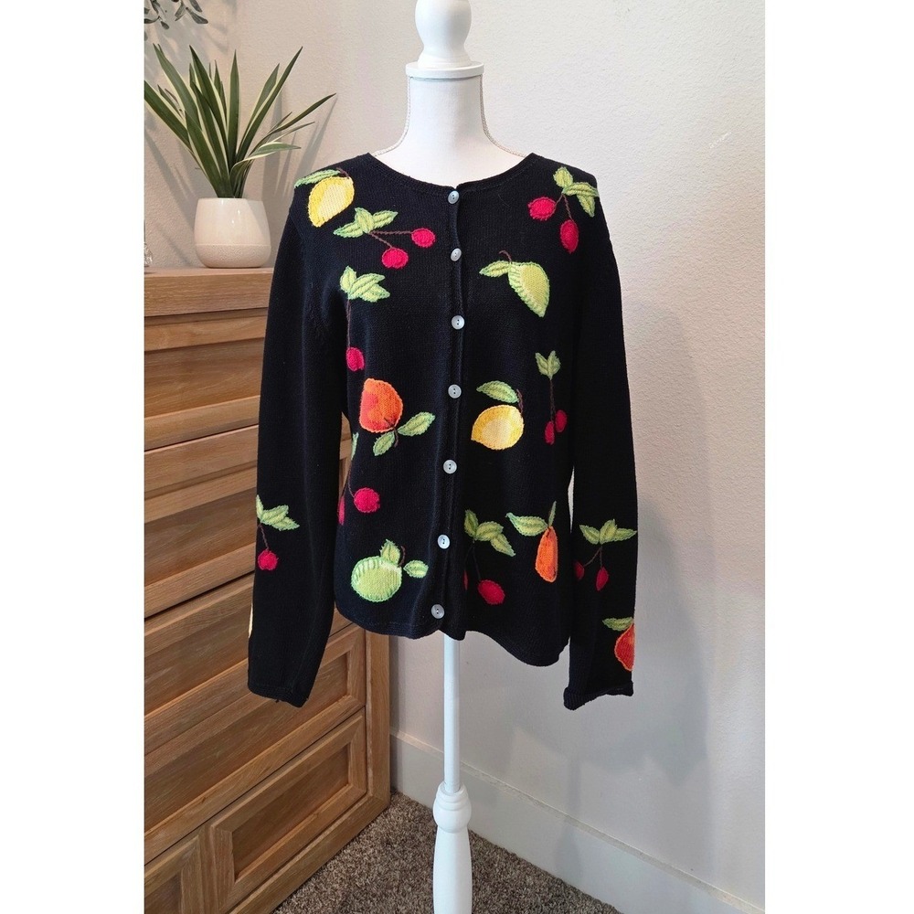 Coldwater Creek Fruit Embroidered Cardigan Relaxed Fit Black Cottagecore Large - Picture 12 of 13